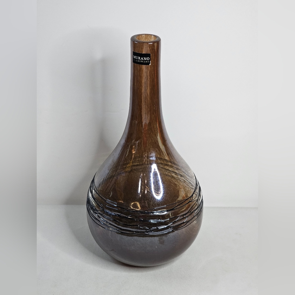 Murano Glass Vase Hand Blown Goose Neck Art Glassware Brown Ribbon Sparkle 12.5"